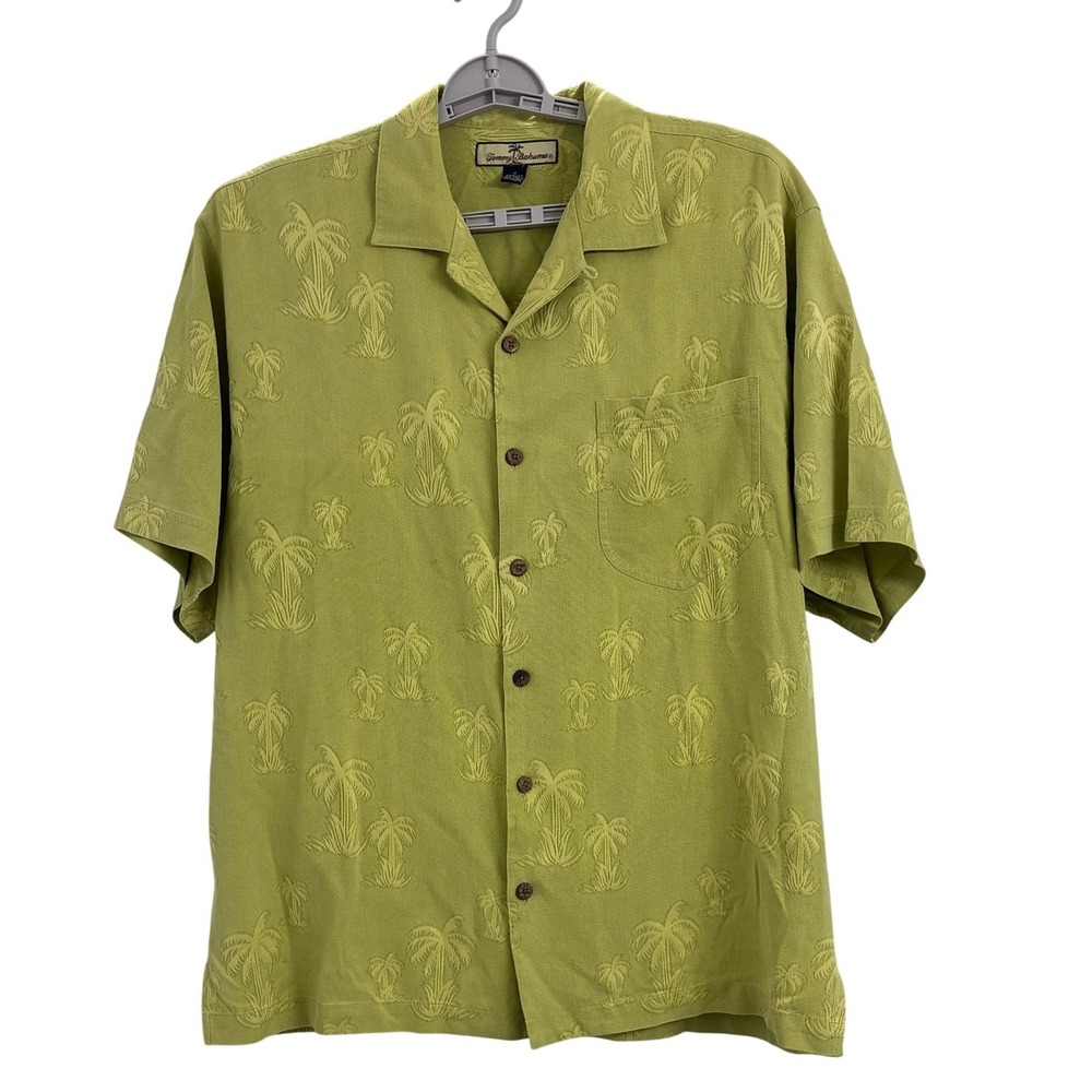 Tommy Bahama Shirt Medium Green 100% Silk Palm Tree Hawaiian Camp Relax VTG